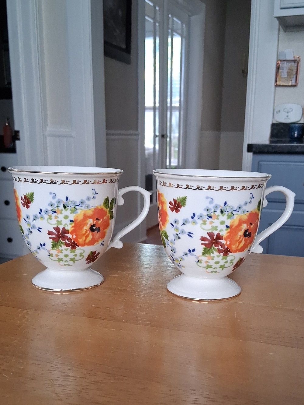 Anthropologie Floral Orange Poppy Bone China Teacup - Set of 2
